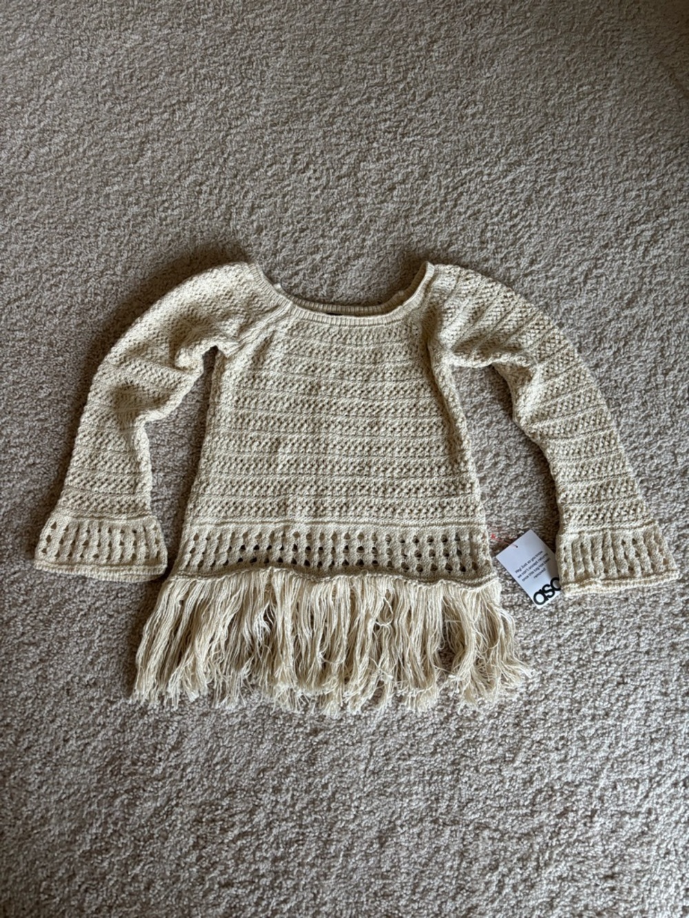 NWT ASOS Cream Crochet Fringe Scoop Neck Sweater S